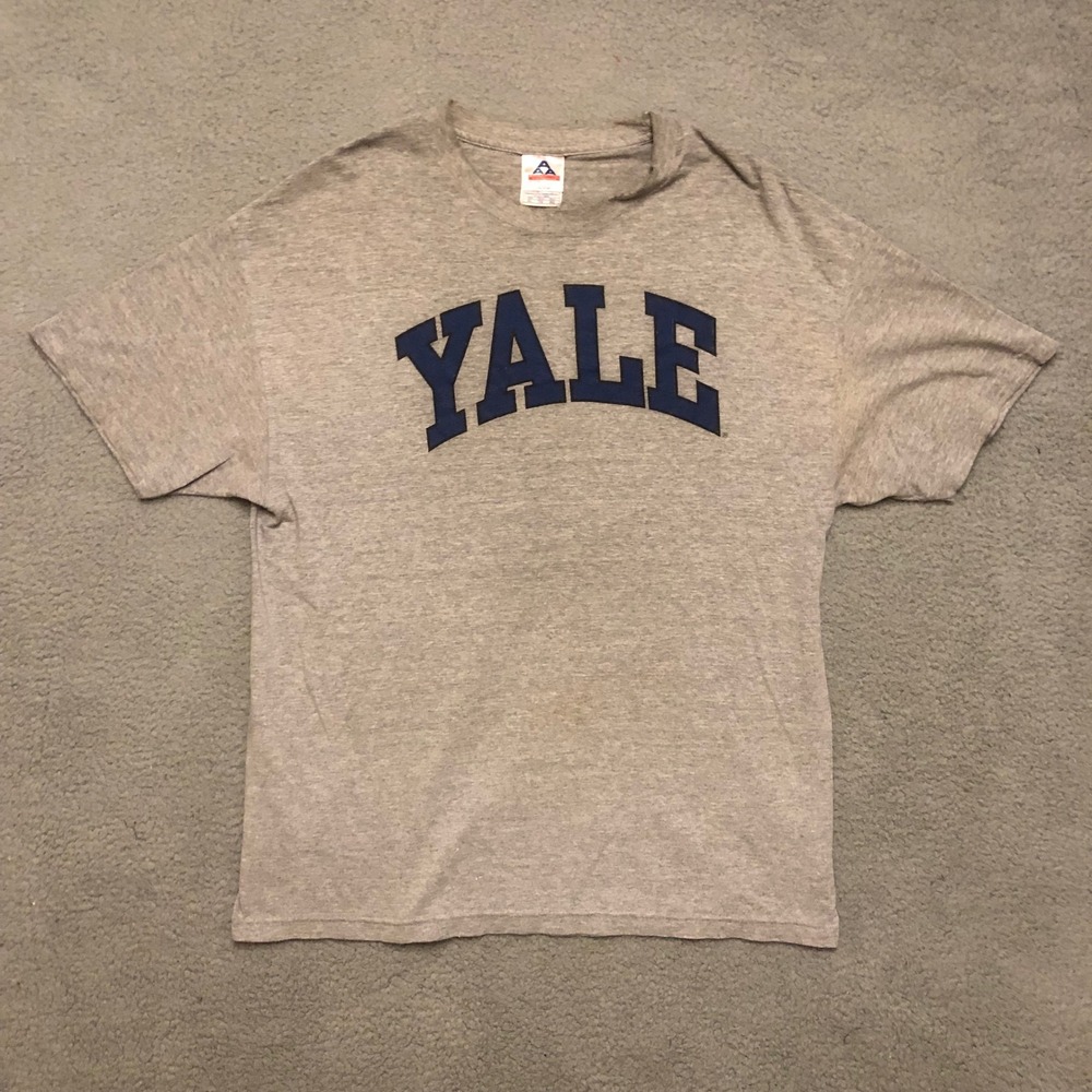 Vtg Yale University T-Shirt Heather Grey Navy Blue College T Mens XL Distressed